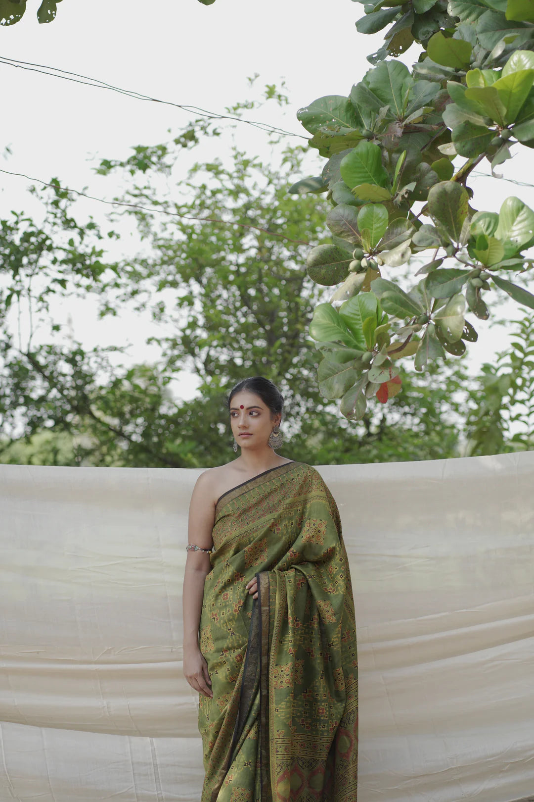 green handblock print saree in mulberry silk