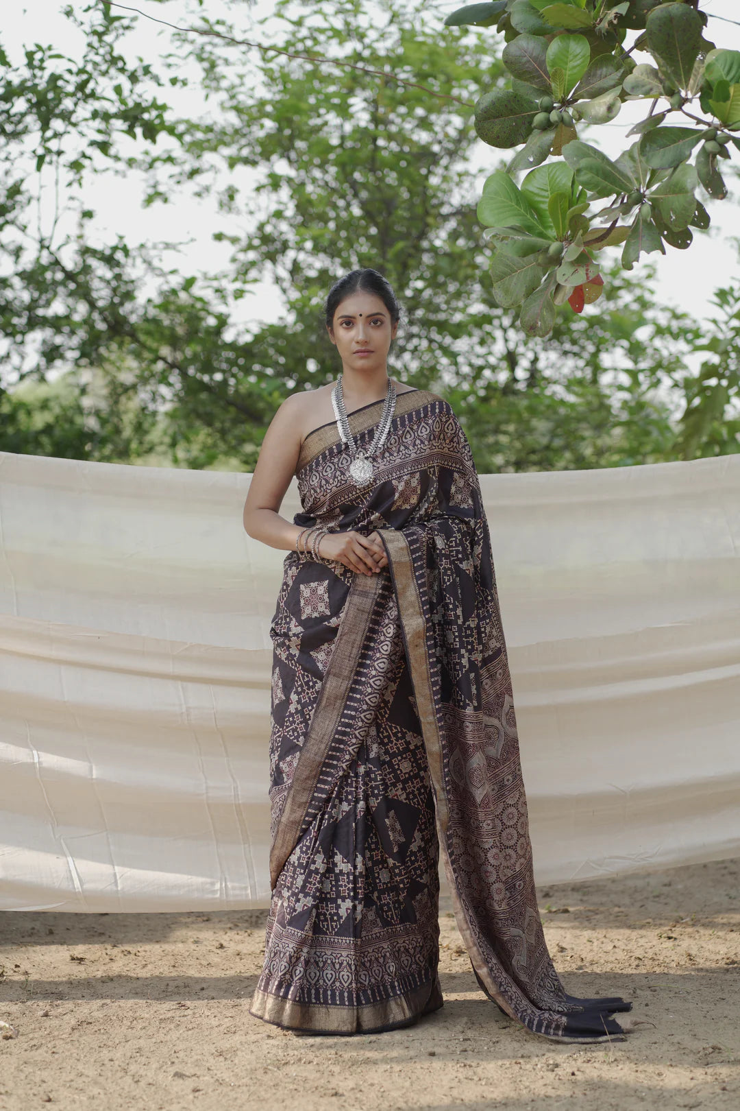 black handblock print saree in mulberry silk