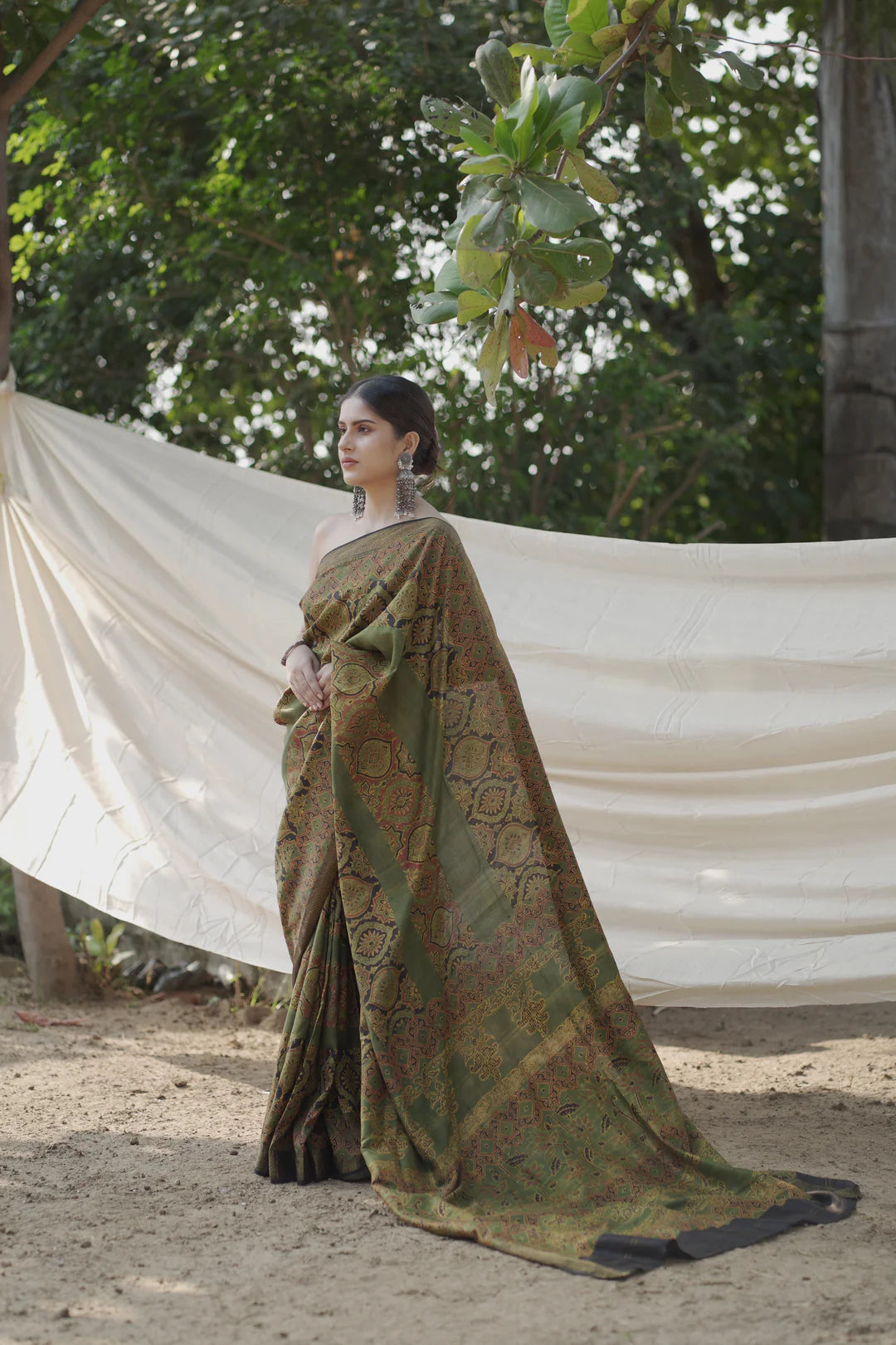 green handblock print saree in tissue silk