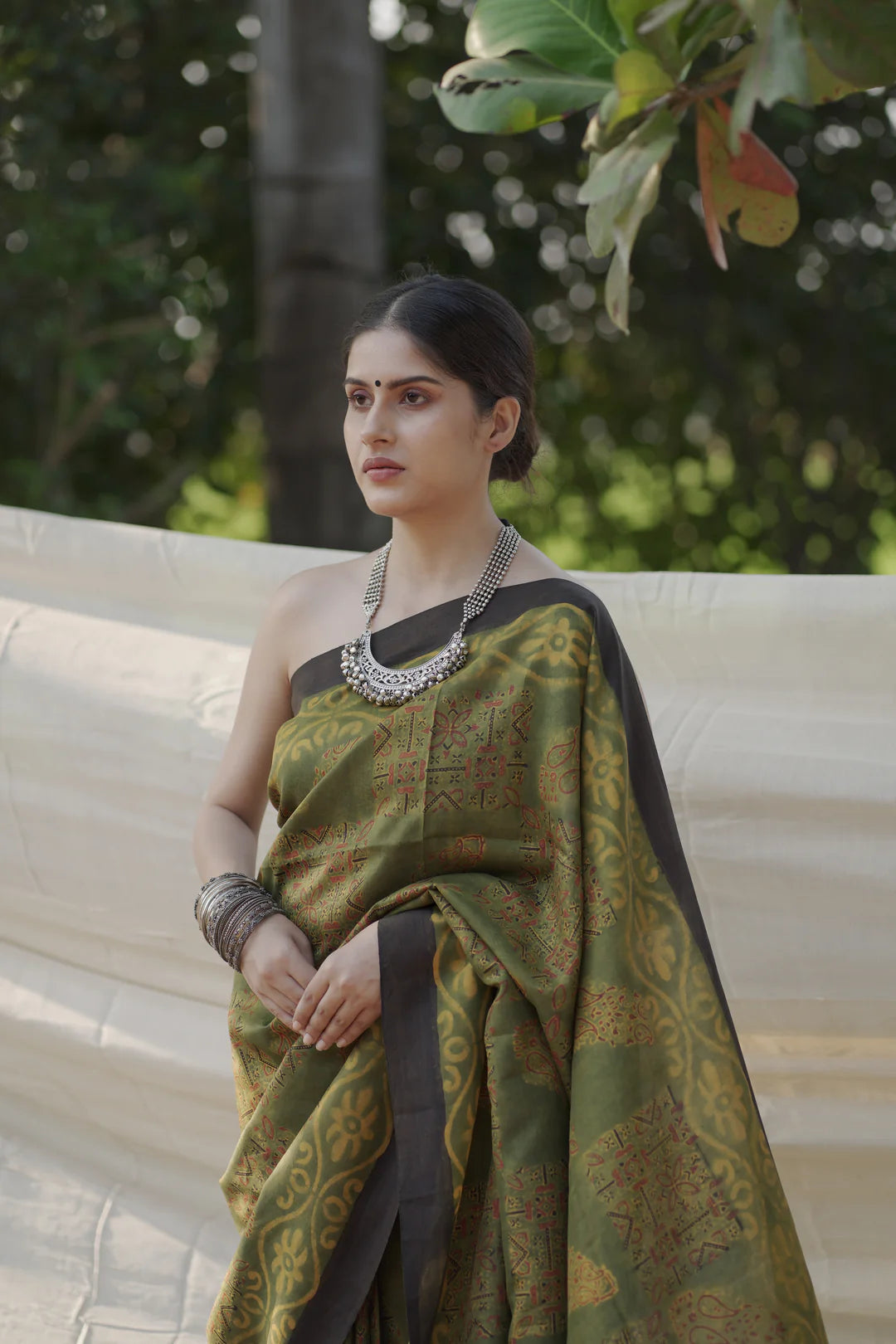 green handblock print saree in mulberry silk