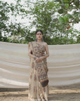 BEIGE HANDBLOCK PRINT SAREE IN TISSUE SILK