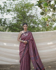 red handblock print saree in mulberry silk