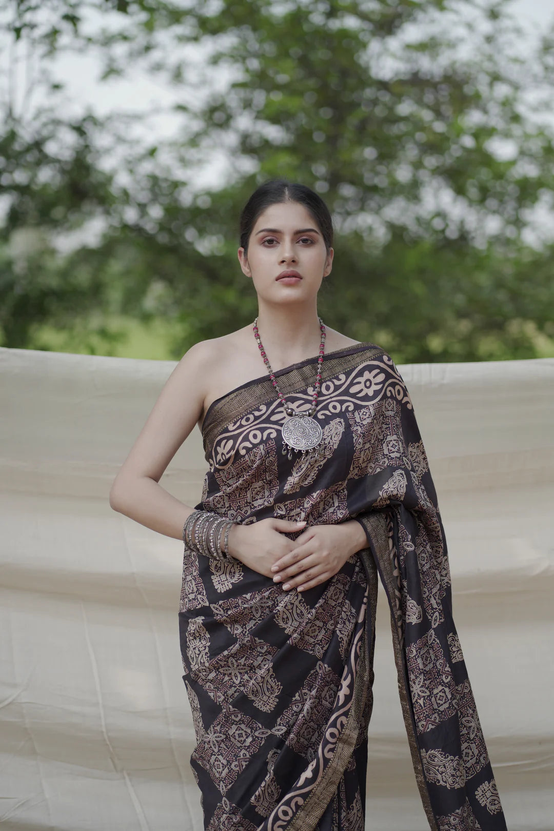 black handblock print saree in mulberry silk