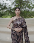 black handblock print saree in mulberry silk