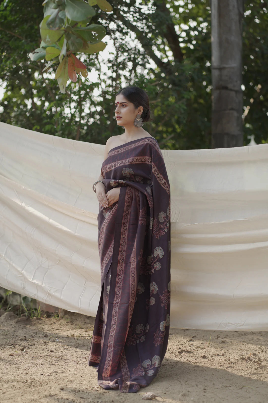 black handblock print saree in mulberry silk