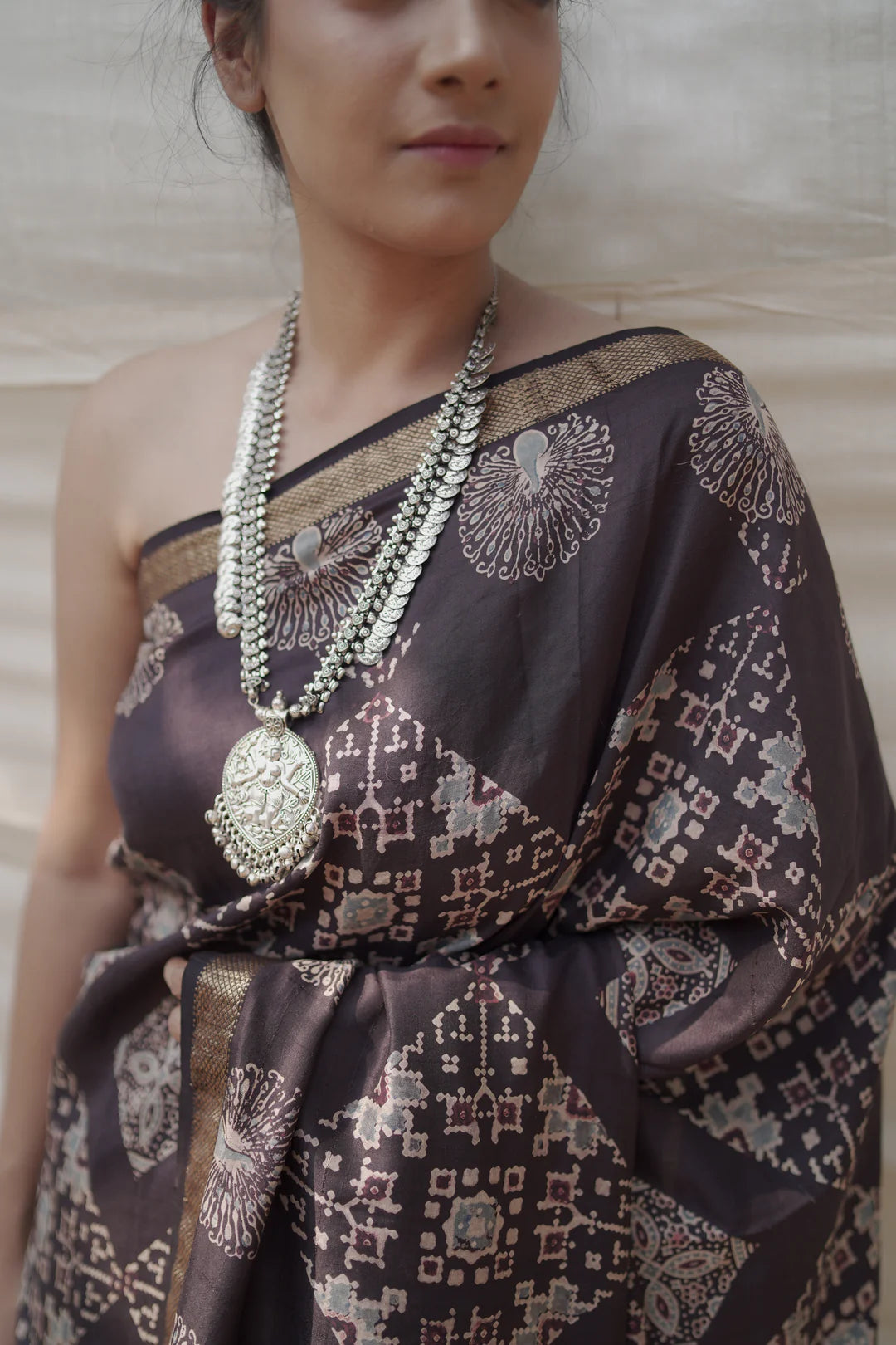 black handblock print saree in mulberry silk