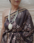 black handblock print saree in mulberry silk