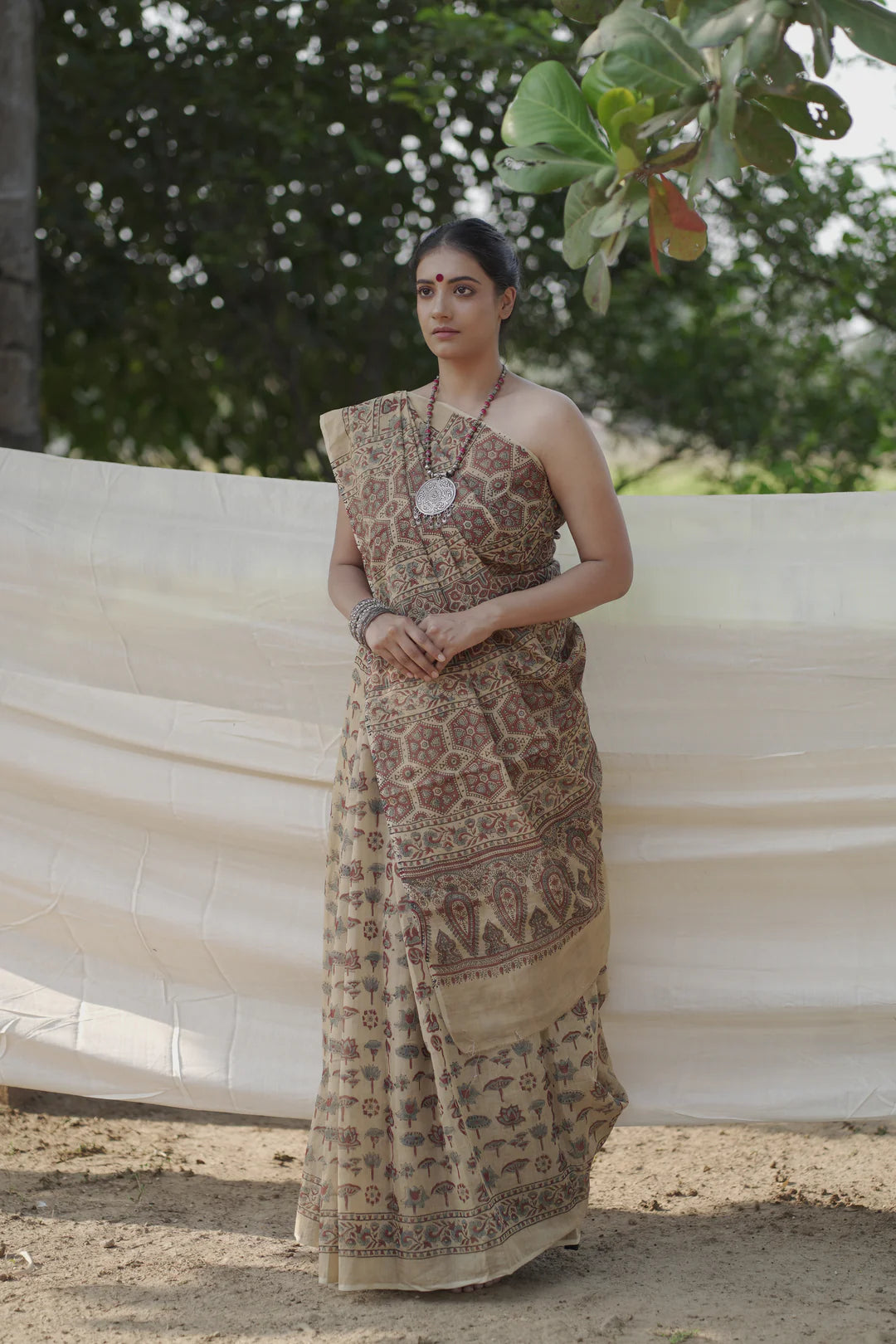 beige handblock print saree in mulberry silk