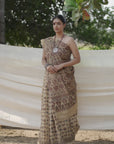 beige handblock print saree in mulberry silk