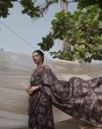 BLACK HANDBLOCK PRINT SAREE IN MULBERRY SILK