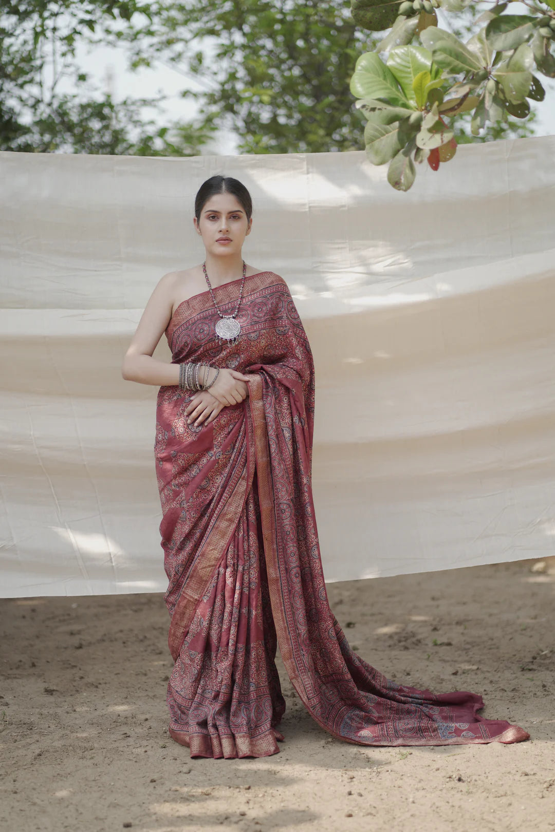 red handblock print saree in mulberry silk