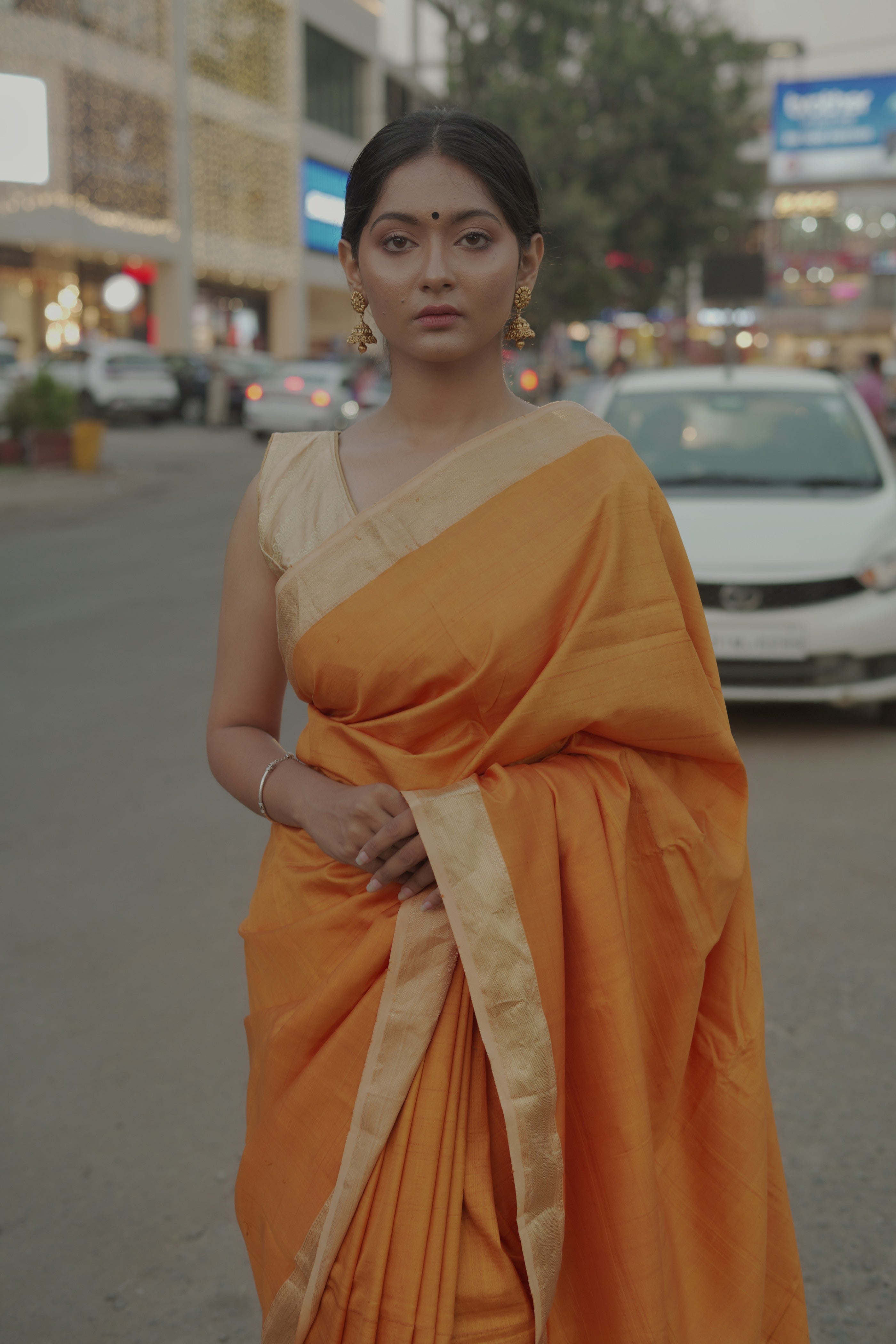 sunset orange saree - mulberry silk saree